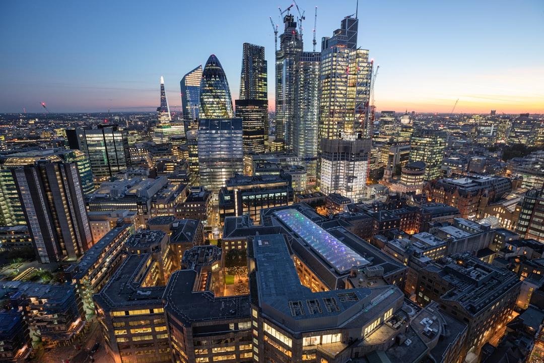 A financial district skyline at dusk